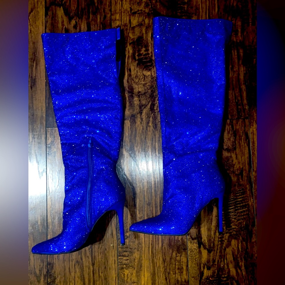 Royal Blue sparkling knee high boots